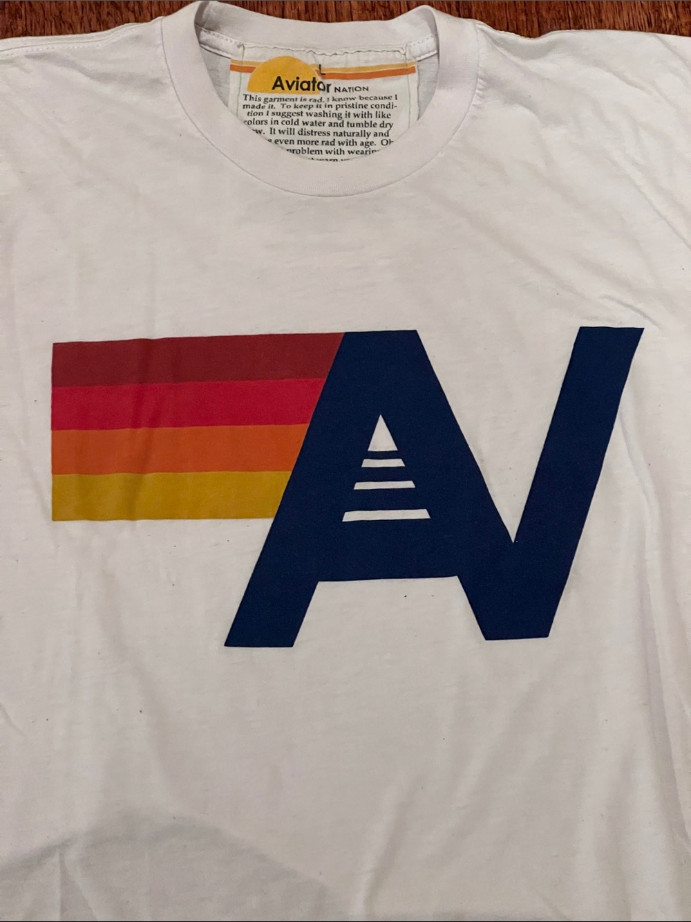 Aviator Nation White Tee with Navy Logo and Sunset Stripes - Picture 2 of 5